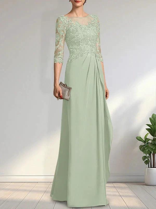 A-line Scoop Illusion Floor-Length Chiffon Lace Mother of the Bride Dress With Beading Sequins Cascading Ruffles - Image 31