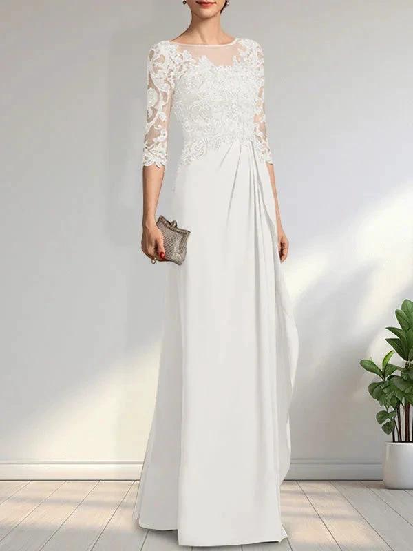A-line Scoop Illusion Floor-Length Chiffon Lace Mother of the Bride Dress With Beading Sequins Cascading Ruffles - Image 32