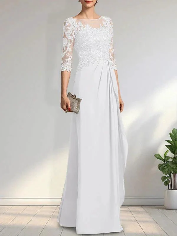 A-line Scoop Illusion Floor-Length Chiffon Lace Mother of the Bride Dress With Beading Sequins Cascading Ruffles - Image 33