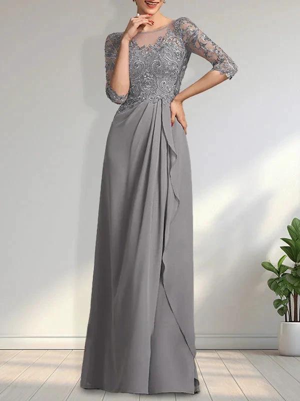 A-line Scoop Illusion Floor-Length Chiffon Lace Mother of the Bride Dress With Beading Sequins Cascading Ruffles - Image 4
