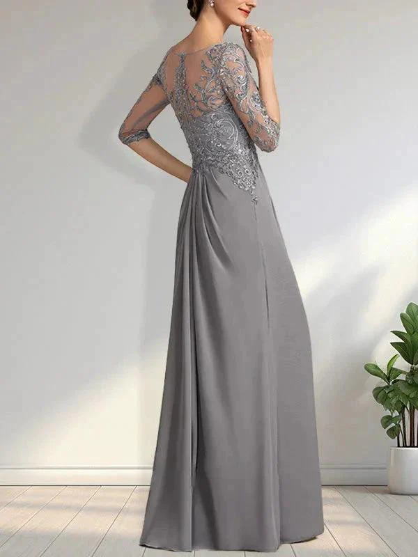 A-line Scoop Illusion Floor-Length Chiffon Lace Mother of the Bride Dress With Beading Sequins Cascading Ruffles - Image 5