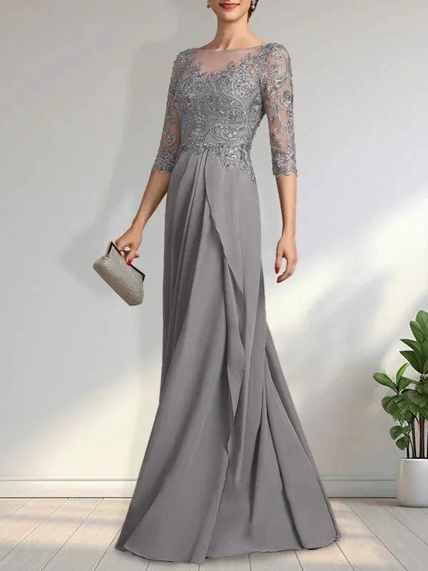 A-line Scoop Illusion Floor-Length Chiffon Lace Mother of the Bride Dress With Beading Sequins Cascading Ruffles - Image 6