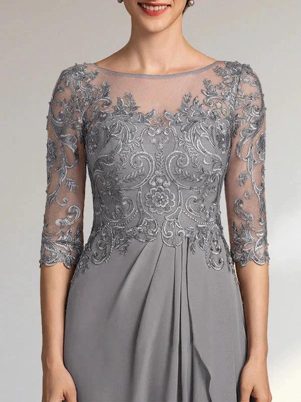 A-line Scoop Illusion Floor-Length Chiffon Lace Mother of the Bride Dress With Beading Sequins Cascading Ruffles - Image 7