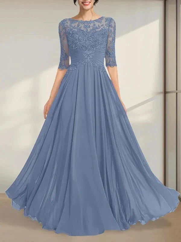 A-line Scoop Illusion Floor-Length Chiffon Lace Mother of the Bride Dress With Pleated Sequins - Image 10