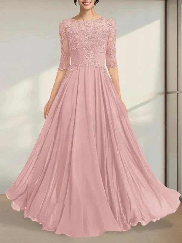 A-line Scoop Illusion Floor-Length Chiffon Lace Mother of the Bride Dress With Pleated Sequins - Image 12