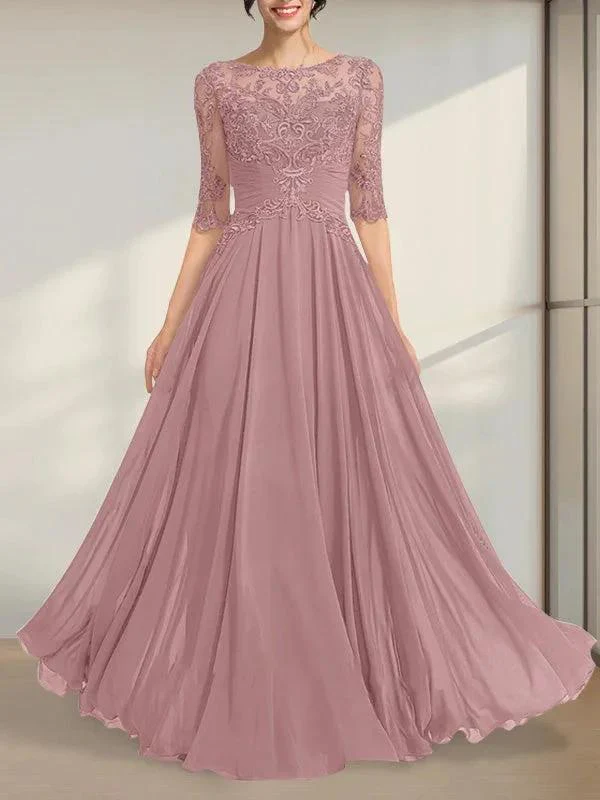 A-line Scoop Illusion Floor-Length Chiffon Lace Mother of the Bride Dress With Pleated Sequins - Image 13