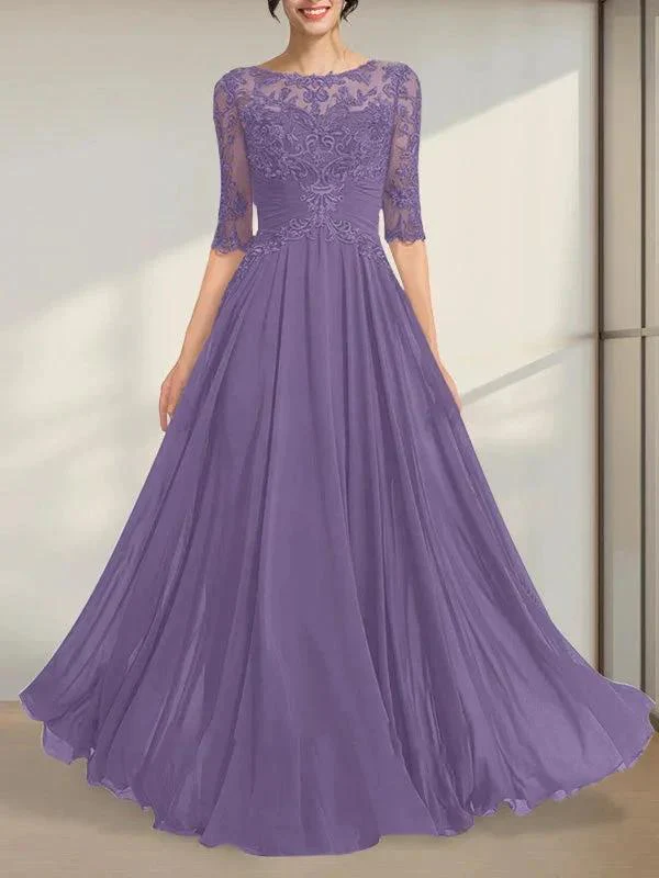 A-line Scoop Illusion Floor-Length Chiffon Lace Mother of the Bride Dress With Pleated Sequins - Image 14