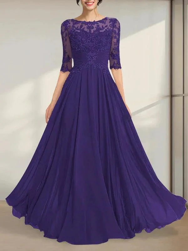 A-line Scoop Illusion Floor-Length Chiffon Lace Mother of the Bride Dress With Pleated Sequins - Image 15