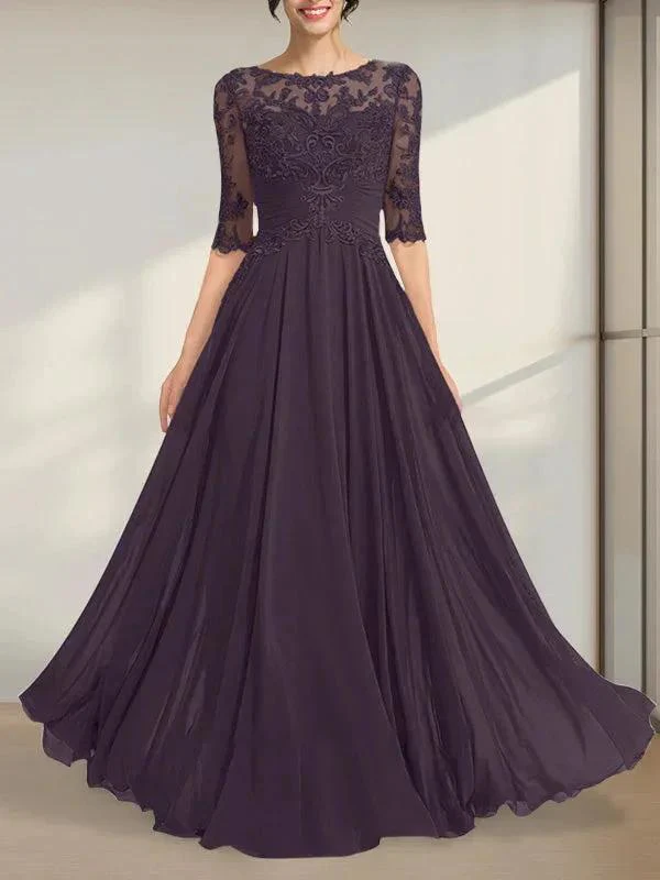 A-line Scoop Illusion Floor-Length Chiffon Lace Mother of the Bride Dress With Pleated Sequins - Image 16