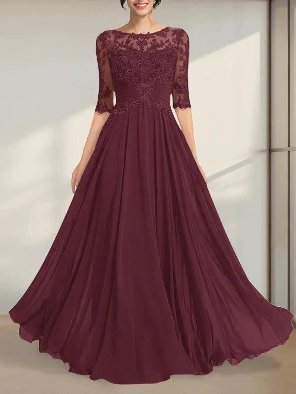 A-line Scoop Illusion Floor-Length Chiffon Lace Mother of the Bride Dress With Pleated Sequins - Image 17