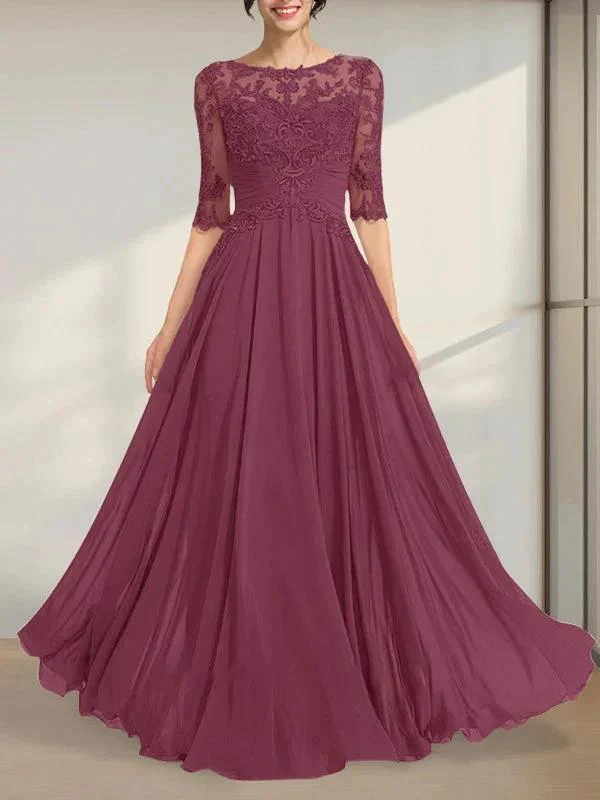 A-line Scoop Illusion Floor-Length Chiffon Lace Mother of the Bride Dress With Pleated Sequins - Image 18