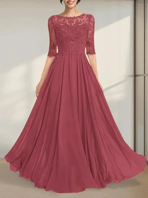 A-line Scoop Illusion Floor-Length Chiffon Lace Mother of the Bride Dress With Pleated Sequins - Image 19