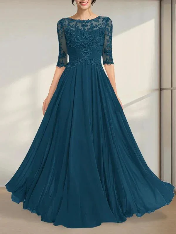 A-line Scoop Illusion Floor-Length Chiffon Lace Mother of the Bride Dress With Pleated Sequins - Image 2