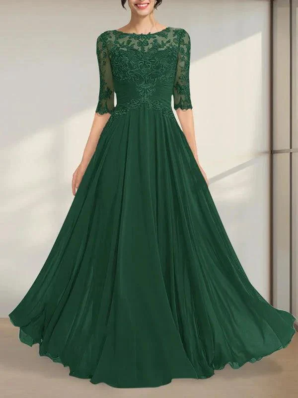 A-line Scoop Illusion Floor-Length Chiffon Lace Mother of the Bride Dress With Pleated Sequins - Image 20
