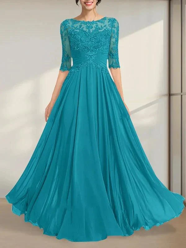 A-line Scoop Illusion Floor-Length Chiffon Lace Mother of the Bride Dress With Pleated Sequins - Image 22
