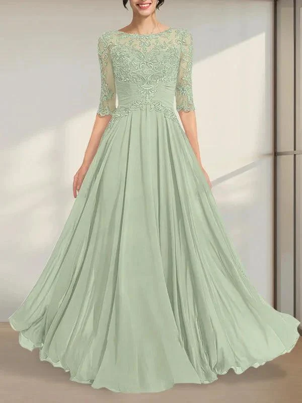 A-line Scoop Illusion Floor-Length Chiffon Lace Mother of the Bride Dress With Pleated Sequins - Image 23