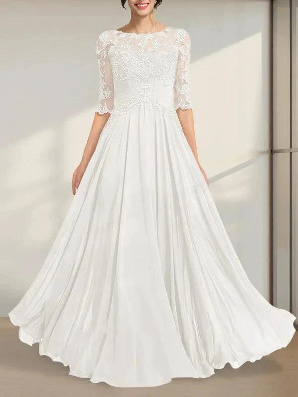 A-line Scoop Illusion Floor-Length Chiffon Lace Mother of the Bride Dress With Pleated Sequins - Image 24