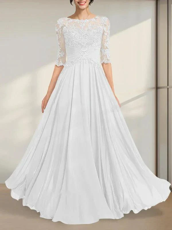 A-line Scoop Illusion Floor-Length Chiffon Lace Mother of the Bride Dress With Pleated Sequins - Image 25