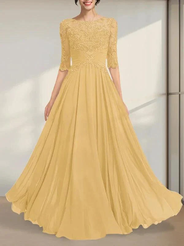 A-line Scoop Illusion Floor-Length Chiffon Lace Mother of the Bride Dress With Pleated Sequins - Image 26