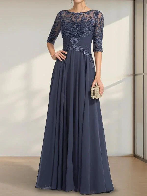 A-line Scoop Illusion Floor-Length Chiffon Lace Mother of the Bride Dress With Pleated Sequins - Image 27