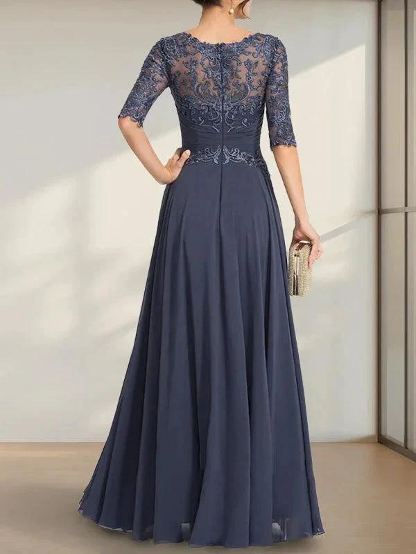 A-line Scoop Illusion Floor-Length Chiffon Lace Mother of the Bride Dress With Pleated Sequins - Image 28