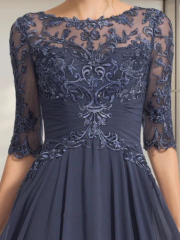 A-line Scoop Illusion Floor-Length Chiffon Lace Mother of the Bride Dress With Pleated Sequins - Image 29