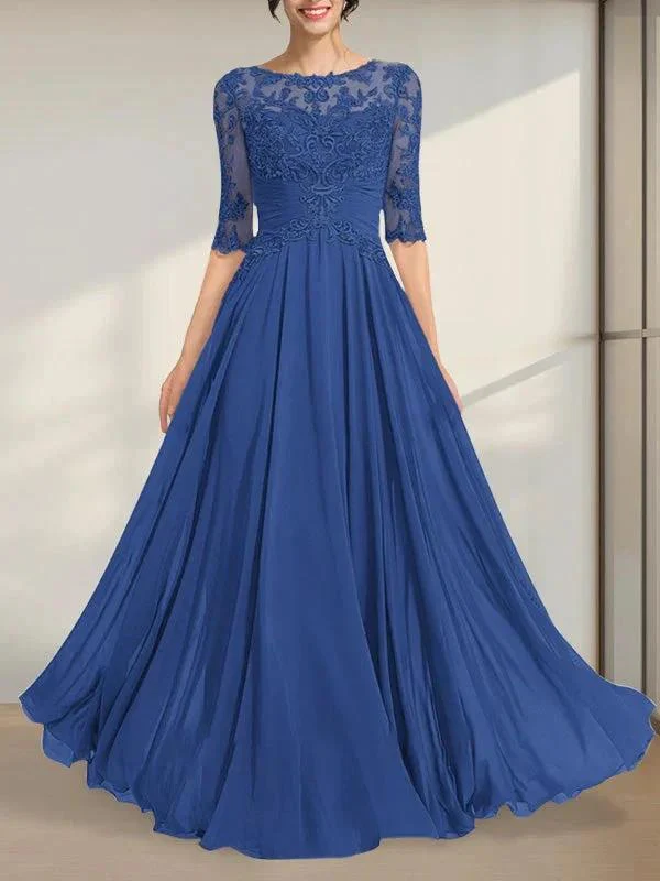 A-line Scoop Illusion Floor-Length Chiffon Lace Mother of the Bride Dress With Pleated Sequins - Image 3