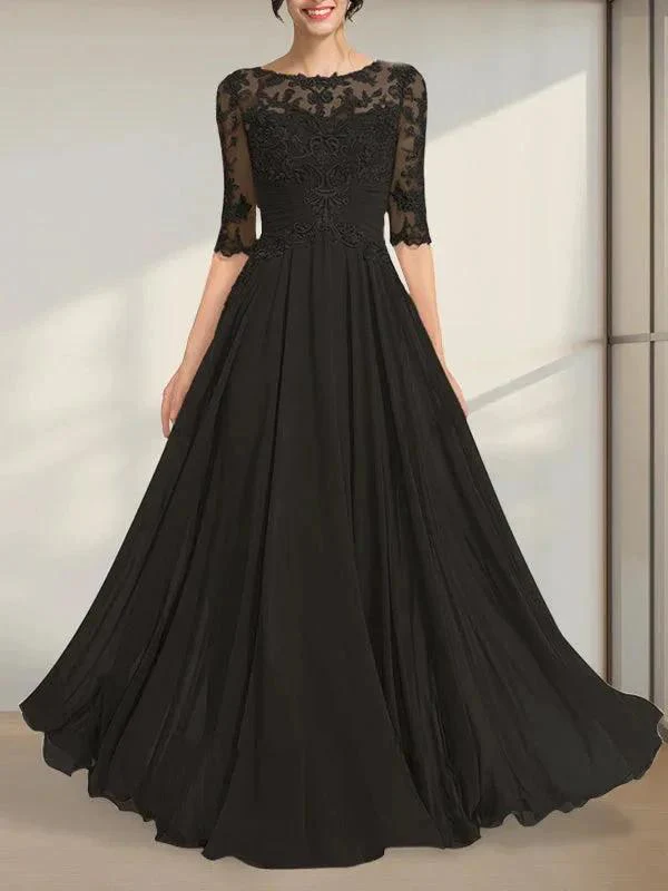 A-line Scoop Illusion Floor-Length Chiffon Lace Mother of the Bride Dress With Pleated Sequins - Image 4