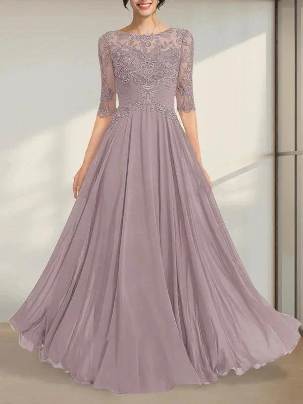 A-line Scoop Illusion Floor-Length Chiffon Lace Mother of the Bride Dress With Pleated Sequins - Image 5