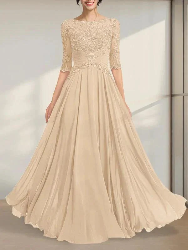 A-line Scoop Illusion Floor-Length Chiffon Lace Mother of the Bride Dress With Pleated Sequins - Image 6