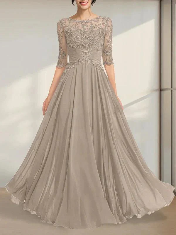 A-line Scoop Illusion Floor-Length Chiffon Lace Mother of the Bride Dress With Pleated Sequins - Image 7