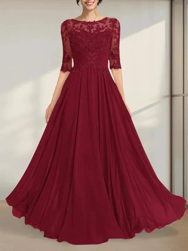 A-line Scoop Illusion Floor-Length Chiffon Lace Mother of the Bride Dress With Pleated Sequins - Image 8