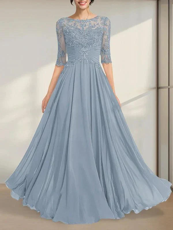 A-line Scoop Illusion Floor-Length Chiffon Lace Mother of the Bride Dress With Pleated Sequins - Image 9