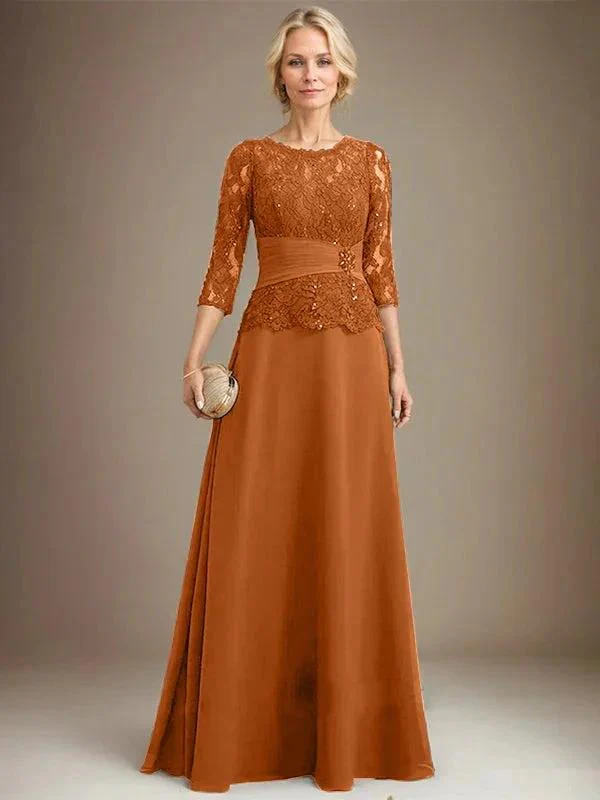 A-line Scoop Illusion Floor-Length Chiffon Lace Mother of the Bride Dress With Pleated Sequins Beading - Image 10