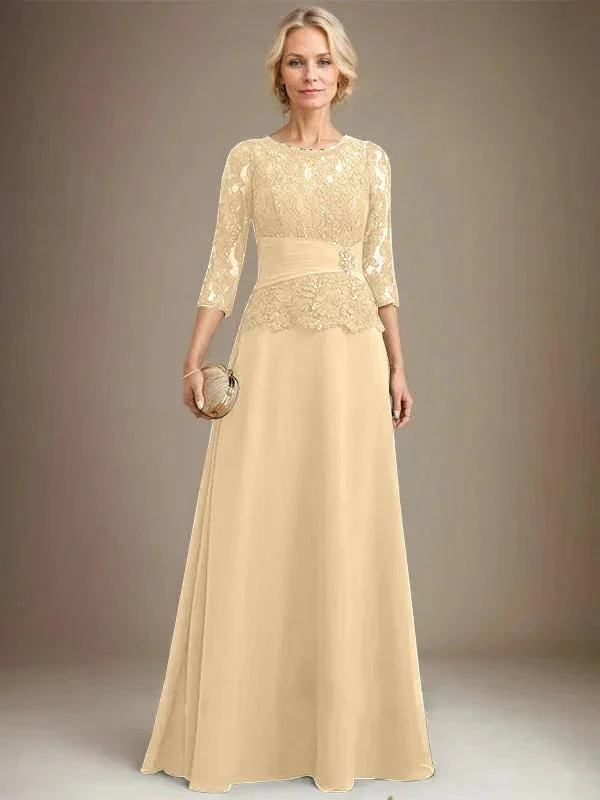 A-line Scoop Illusion Floor-Length Chiffon Lace Mother of the Bride Dress With Pleated Sequins Beading - Image 11