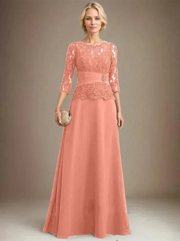 A-line Scoop Illusion Floor-Length Chiffon Lace Mother of the Bride Dress With Pleated Sequins Beading - Image 12