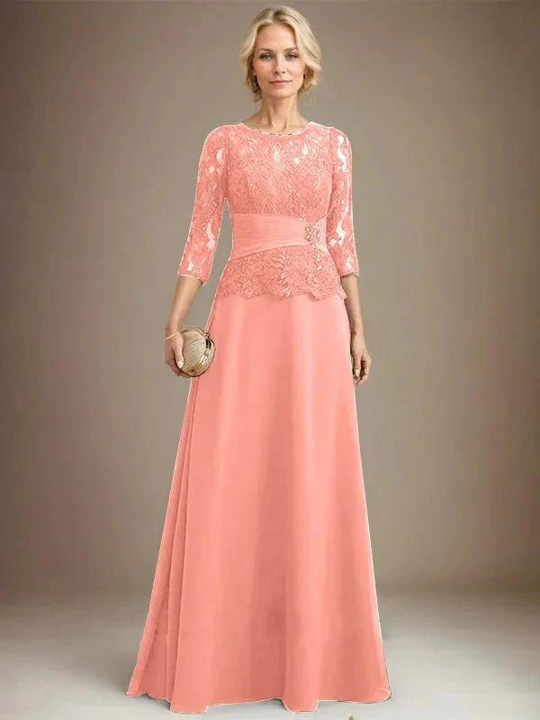 A-line Scoop Illusion Floor-Length Chiffon Lace Mother of the Bride Dress With Pleated Sequins Beading - Image 13