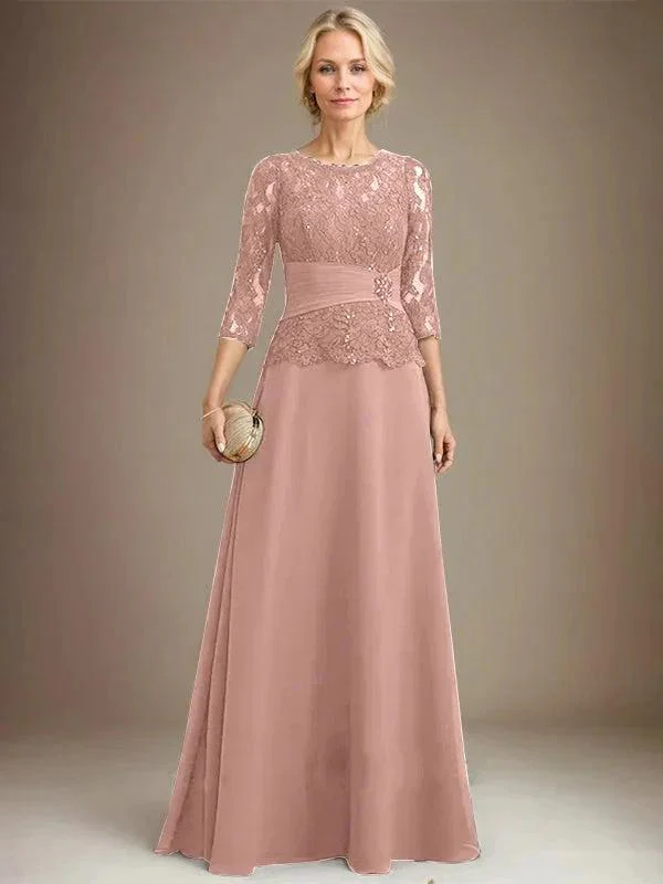 A-line Scoop Illusion Floor-Length Chiffon Lace Mother of the Bride Dress With Pleated Sequins Beading - Image 14