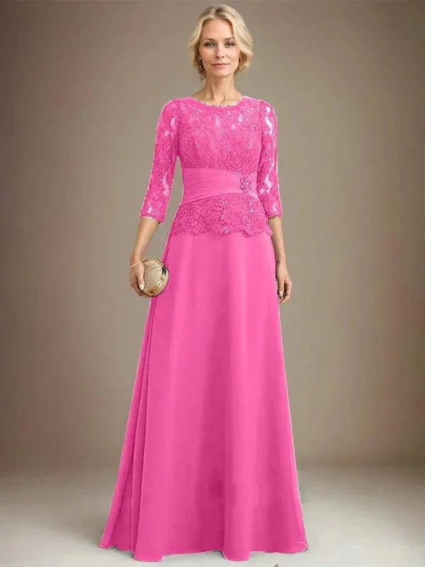 A-line Scoop Illusion Floor-Length Chiffon Lace Mother of the Bride Dress With Pleated Sequins Beading - Image 15