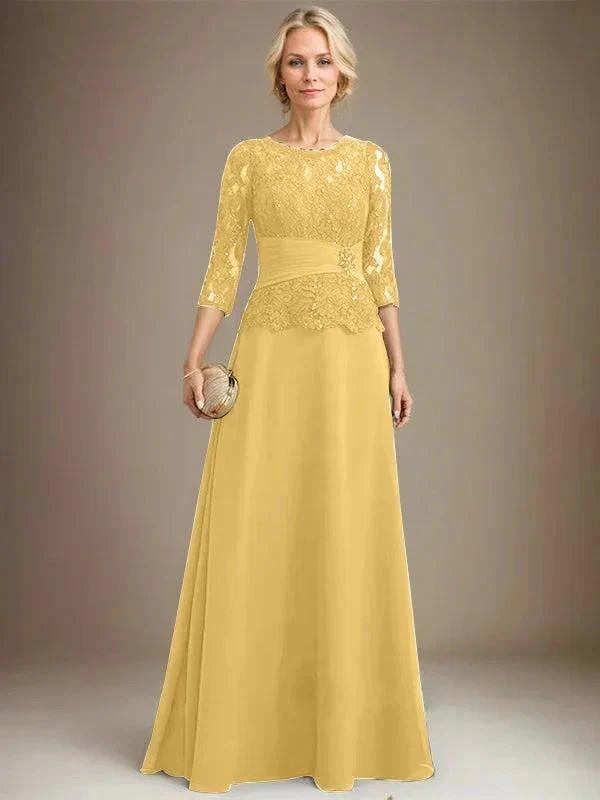 A-line Scoop Illusion Floor-Length Chiffon Lace Mother of the Bride Dress With Pleated Sequins Beading - Image 16