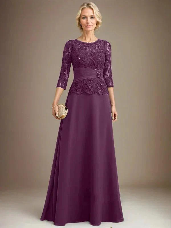 A-line Scoop Illusion Floor-Length Chiffon Lace Mother of the Bride Dress With Pleated Sequins Beading - Image 17