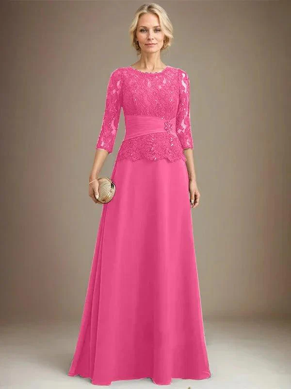 A-line Scoop Illusion Floor-Length Chiffon Lace Mother of the Bride Dress With Pleated Sequins Beading - Image 18