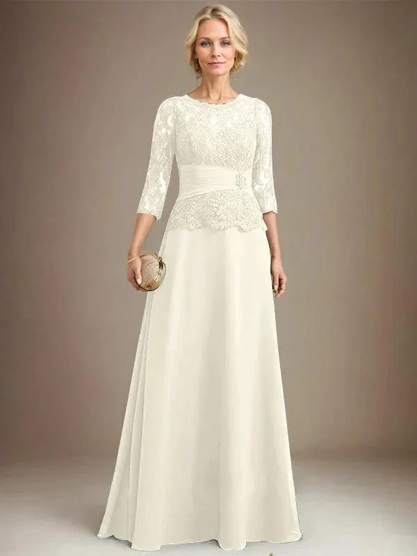 A-line Scoop Illusion Floor-Length Chiffon Lace Mother of the Bride Dress With Pleated Sequins Beading - Image 19