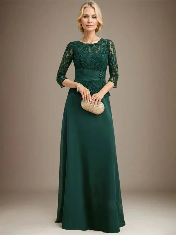 A-line Scoop Illusion Floor-Length Chiffon Lace Mother of the Bride Dress With Pleated Sequins Beading - Image 2