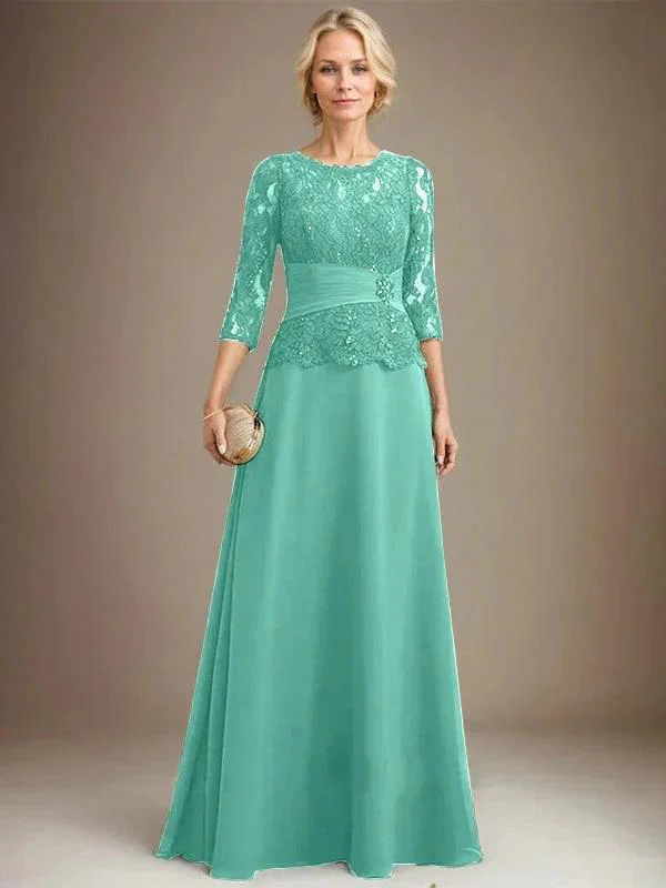 A-line Scoop Illusion Floor-Length Chiffon Lace Mother of the Bride Dress With Pleated Sequins Beading - Image 20