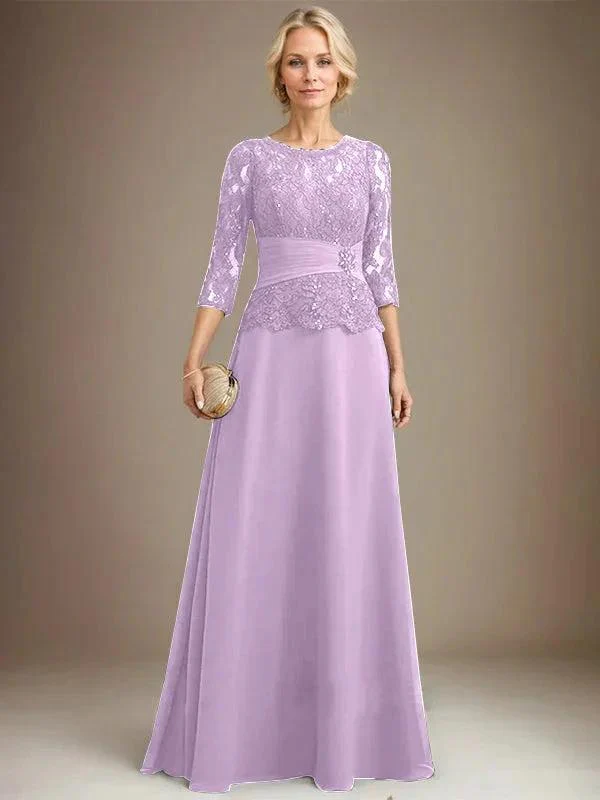A-line Scoop Illusion Floor-Length Chiffon Lace Mother of the Bride Dress With Pleated Sequins Beading - Image 21