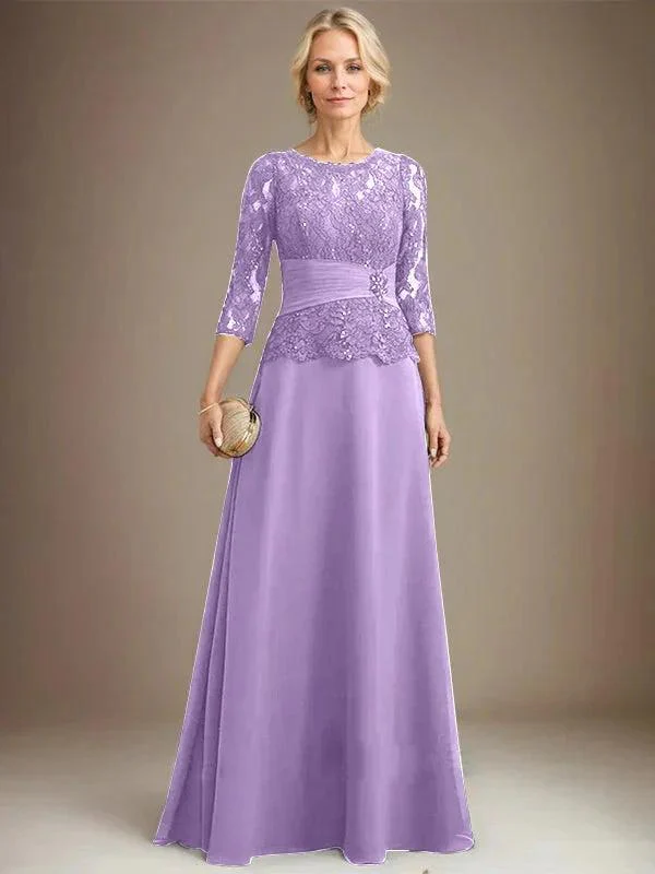A-line Scoop Illusion Floor-Length Chiffon Lace Mother of the Bride Dress With Pleated Sequins Beading - Image 22