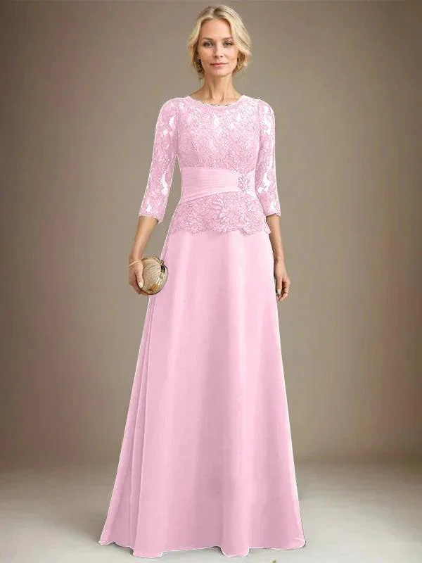 A-line Scoop Illusion Floor-Length Chiffon Lace Mother of the Bride Dress With Pleated Sequins Beading - Image 23