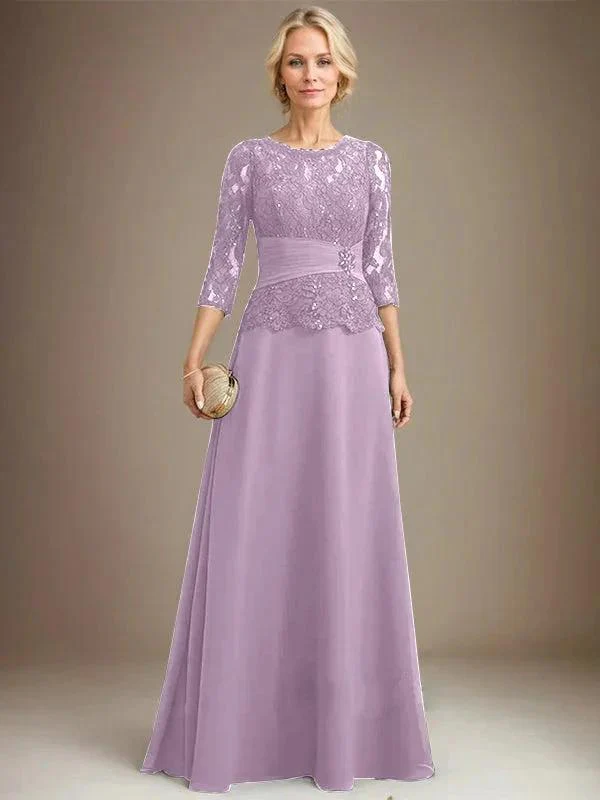 A-line Scoop Illusion Floor-Length Chiffon Lace Mother of the Bride Dress With Pleated Sequins Beading - Image 24