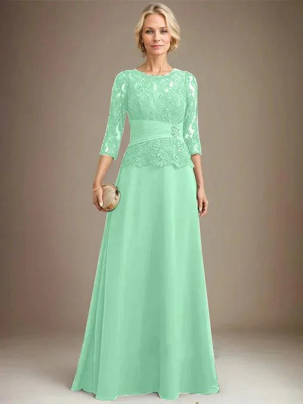A-line Scoop Illusion Floor-Length Chiffon Lace Mother of the Bride Dress With Pleated Sequins Beading - Image 25